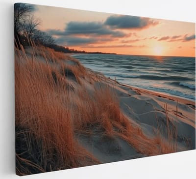 Saammp - Canvas Schilderij - Zonsondergang vanuit de duinen - Strand - Zee - 30x20 - Foto op canvas - Wanddecoratie - muurdecoratie Woonkamer - Slaapkamer decoratie - Canvas Print