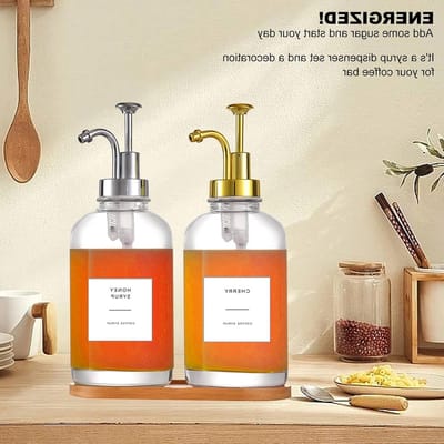 Coffee Syrup Dispenser Set van Glas met Push Bottle, Sticker Tray en Trechter – Ideaal voor Koffie, Keuken en Koffiebar, Inclusief 36 Stickers en Luxe Verpakking