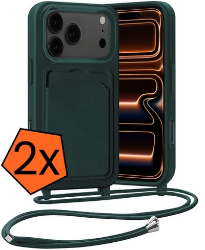 Hoesje Geschikt voor iPhone 17 Pro Hoesje Met Telefoonketting Pasjeshouder Case Koord - Hoesje Geschikt voor iPhone 17 Pro Hoes Met Kaarthouder - Donkergroen - 2 PACK