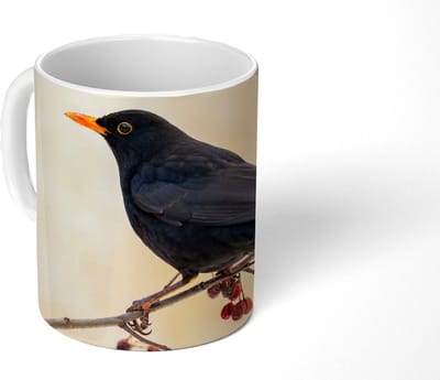 Mok - Koffiemok - Merel - Vogel - Takken - Bes - Rood - Mokken - 350 ML - Beker - Koffiemokken - Theemok