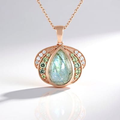 Cavill - Rosévergulde 925 Zilveren Halsketting - Peervormige Groene Minary Labradoriet 4,275 ct - Groene Saffieren & Zirkonen - Elegant Dames Sieraad