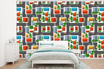 Behang - Fotobehang Patronen - Auto - Huis - Jongens - Kinderen - Kids - Breedte 345 cm x hoogte 220 cm