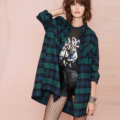 Nieuwe herfst dames oversized geruite tartan overhemd knopen zak omgeslagen kraag lange mouw baggy L black