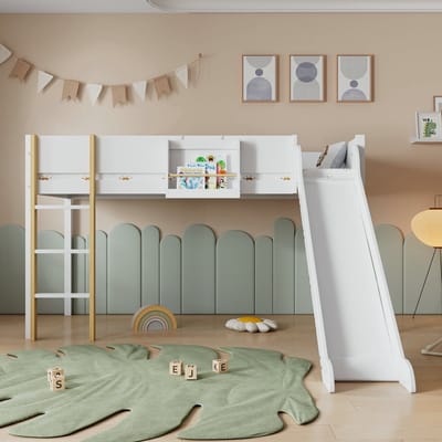 VVBV Kinderstapelbed 90x200 cm - Planken, Trap/Ladder, Glijbaan, Voor Kinderen/Tieners - Massief Hout/MDF Wit/Naturel