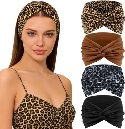 Brede Haarband voor Vrouwen, 3 Stuks Elastische Hoofdbanden voor Yoga en Workout, Boho Turban Haaraccessoires met Luipaardprint