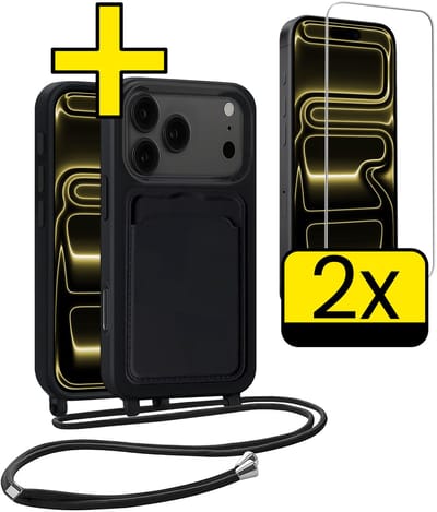 Hoesje Geschikt voor iPhone 17 Pro Telefoonhoesje Met Koord Case Pashouder Met 2x Screenprotector Siliconen - Hoes Geschikt voor iPhone 17 Pro Hoesje Met Kaarthouder - Zwart
