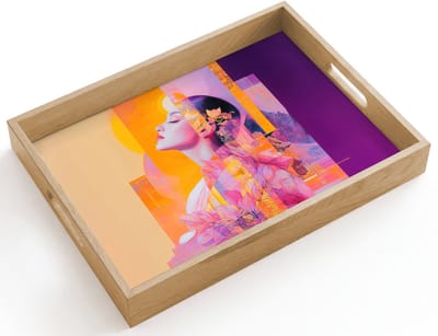Dienblad hout 40x30 cm - Schootdienblad - Abstract - Portret - Vrouw - Kleurrijk - Borrelplank rechthoek - Plateau dienbladen