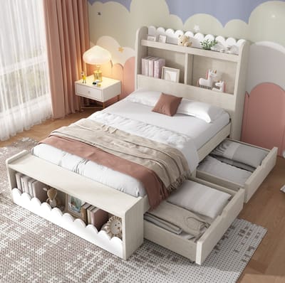 MEUNIQ Kinderbed 90x190 cm met 2 lades, open opbergvakken en lattenbodem, eenpersoonsbed voor kinderkamer, wit en licht eiken