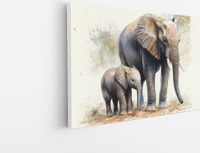 Saammp Canvas Schilderij - Olifant met kalf - Abstract - Dieren - 45x30 - Foto op canvas - Wanddecoratie - muurdecoratie Woonkamer - Slaapkamer decoratie - Canvas Print