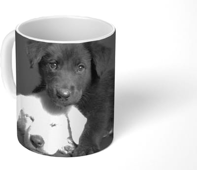 Mok - Koffiemok - Honden - Puppy - Zwart - Wit - Dieren - Mokken - 350 ML - Beker - Koffiemokken - Theemok