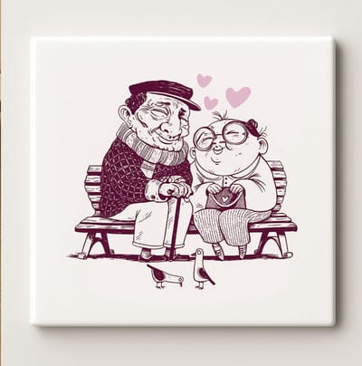 Ouderen Koppel Liefde Tegel 15x15cm – Schattige Romantische Illustratie Keramische Wandtegel, Perfect Cadeau voor Jubileum of Valentijnsdag