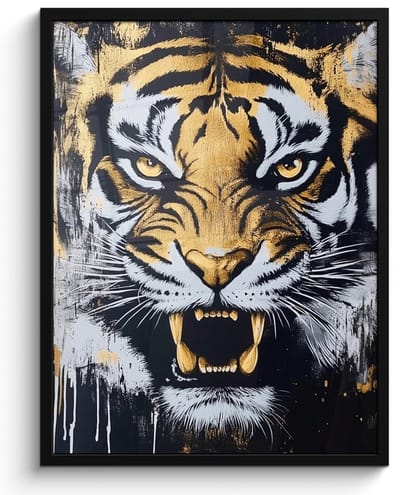 Poster in lijst - Fotolijst 50x70 cm - Posters - Tijger - Verfspatten - Goud - Posterlijst zwart - Decoratie - Wanddecoratie woonkamer - Muurdecoratie slaapkamer