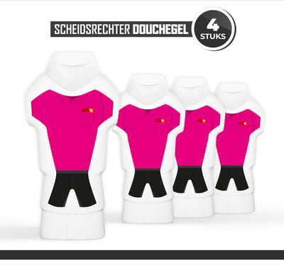 Douchegel "Scheidsrechter"- 300 ml - 4 stuks - Triomf Cosmetica | Showergel Shampoo Sport Voetbal Scheids Week van de Scheidsrechters Douchegel Tenue fles Klein Bedankt Cadeau Gift Wedstrijd Toernooi Rode Gele kaart Scheidsrechtersshirt Roze