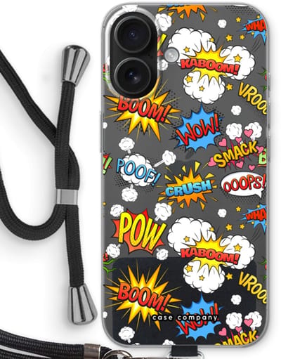 Case Company® - Hoesje met koord geschikt voor iPhone 16 hoesje met Koord - Pow Smack - Telefoonhoesje met Zwart Koord - Bescherming aan alle Kanten en Over de Schermrand