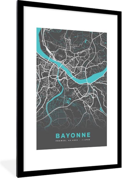 Fotolijst incl. Poster - Bayonne - Plattegrond - Kaart - Stadskaart - Frankrijk - 80x120 cm - Posterlijst