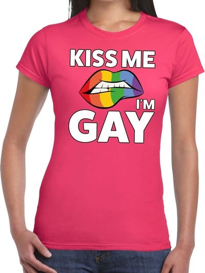 Kiss me I am gay t-shirt roze dames - feest shirts dames - gaypride kleding S