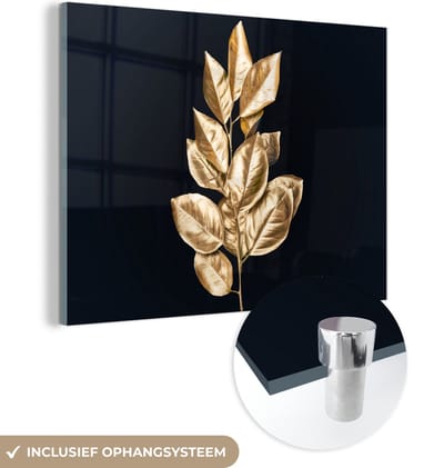 MuchoWow® Glasschilderij 160x120 cm - Schilderij acrylglas - Plant - Bladeren - Goud - Zwart - Luxe - Foto op glas - Schilderijen