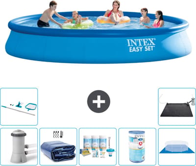 Intex Rond Opblaasbaar Easy Set Zwembad - 457 x 84 cm - Blauw - Inclusief Pomp - Solarzeil - Onderhoudspakket - Filter - Grondzeil - Schoonmaakset - Solar Mat - 8-delig