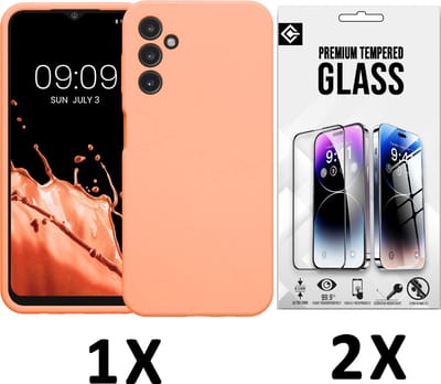 Casemania Hoesje Geschikt voor Samsung Galaxy A25 - Zalm Roze + 2X Glazen Screenprotector - Liquid Siliconen Back Cover