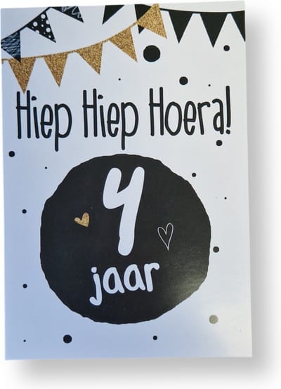 Hoera 4 Jaar! Luxe verjaardagskaart - 12x17cm - Gevouwen Wenskaart inclusief envelop - Leeftijdkaart