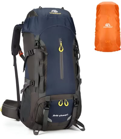 CarryQuest® - 70L Bergbeklimming Rugzak - Waterdichte Nylon Hiking Backpack met Regenhoes, Rugventilatie, Externe Zakken & Front-/Toploader - Outdoor, Camping & Reizen - 35x26x69 cm - Donkerblauw