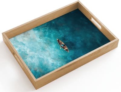 Dienblad hout 40x30 cm - Schootdienblad - Bootje - Water - Blauw - Borrelplank rechthoek - Plateau dienbladen