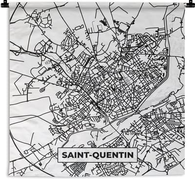 Wandkleed - Wanddoek - Kaart - Stadskaart - Saint-Quentin - Frankrijk - Plattegrond - Zwart wit - 180x180 cm - Wandtapijt