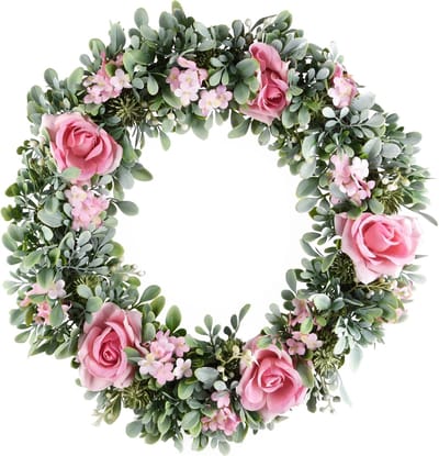 Dekoratief | Krans m/bloemen, groen/roze, naturel, 36x36x6cm | A230157