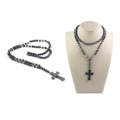 Sorprese ketting heren - kralenketting - zwart-zilverkleurig - met kruis - 70 cm - 6 mm kralen - cadeau - Model Z