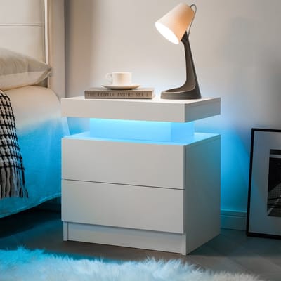 Nachtkastje met LED Verlichting - Wit Bedtafeltje met 2 Lades en Open Vak - Moderne Bijzettafel voor Slaapkamer en Woonkamer - Bewerkt Hout - 50x53x36 cm