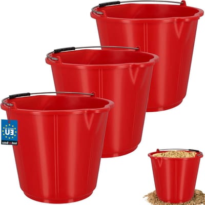 KOTARBAU Set van 3 bouwemmer, 21 liter, mortelemmer, metselaargereedschap, poetsemmer met schenktuit en handvat, mortelbak, met schaalverdeling, rond, kunststof, HDPE, rood