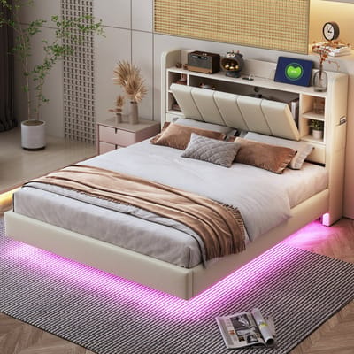 SINGULARITY-Gestoffeerd bed 140 x 200 cm- met USB-aansluiting en lichtstrip- omkeerbaar hoofdbord met opbergvakken- tweepersoonsbed beige- zonder matras