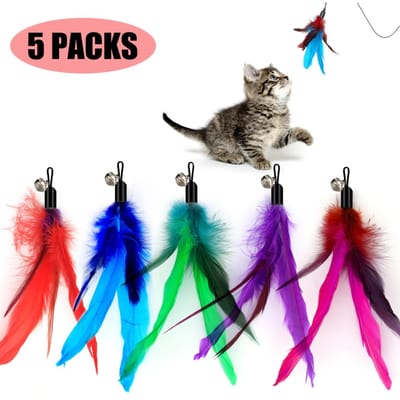 5 Stuks Kattenveer Speeltjes Interactieve Speeltjes Teaser Vulling Vervangende Veer met Bel voor Kitten Krabben Oefening Binnen 8.3inch blue