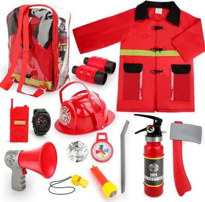 Wasbaar brandweerman kostuum met 13 accessoires, brandweer speelgoed, rugzak en brandblusser voor kinderen - perfect voor fantasierijk spel en avontuur