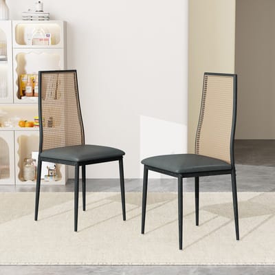 Eetkamerstoelen, set van 2, zwart, keukenstoelen met rotan rugleuning, gewatteerde stoelen met mesh rugleuning, rotan stoel met metalen poten, gestoffeerde stoelen, accentstoelen voor de eetkamer