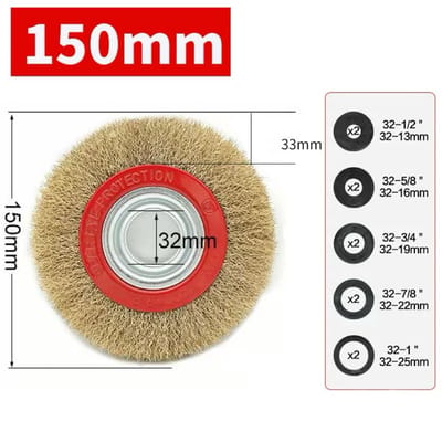 Staalborstel - Draadborstel - 150 mm - ø 32 mm - Schuurborstel - Staalborstel boormachine - Schijfborstel - Messingdraad golvend - Inclusief reduceerringen van verschillende maten