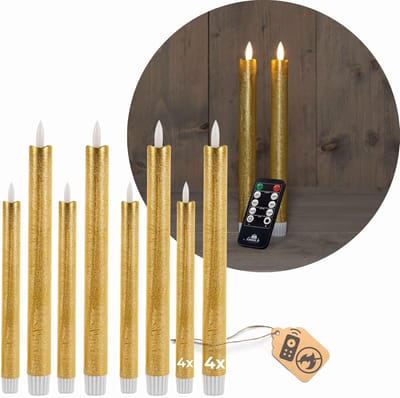 Voordeelset LED-kaarsen met timer klein + groot GOUD 8 stuks GOUD binnen - 6 uur - ECHTE WAS 18 cm + 23 cm hoogte voor kaarsen 2,2 cm diameter 2 AAA-batterijen vereist LED-kaarsen met flikkerende vlam