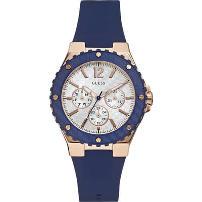 GUESS Overdrive Blauw en Roségoud Siliconen Roestvrij Staal Heren Quartz W0149L5 Horloge blauw
