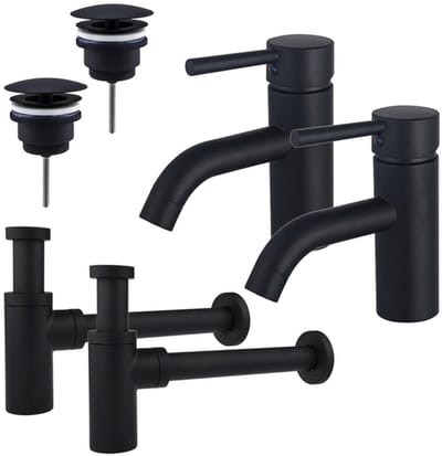 FugaFlow Eccelente Sobrado Badkamer Wastafelkraanset - voor dubbele wastafel - lage wastafelkraan - always open plug - design sifon - Mat zwart