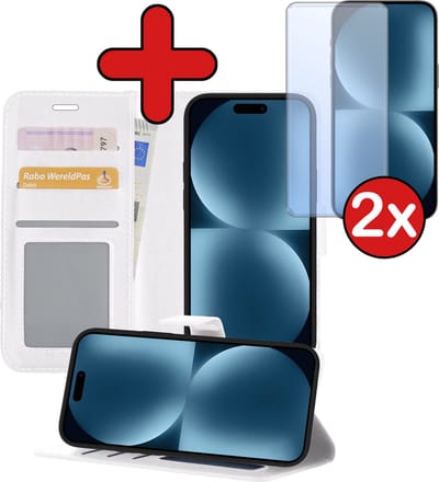 Hoesje - Met 2x Screenprotector - Geschikt voor Apple iPhone 15 - Luxe Pasjeshouder - Flip Case - Bookcase Portemonee - Kunstleer Book Case - Flipcase Hoes - Book Cover - Walletcase - Portemonneehoes - Telefoonhoes - Wit
