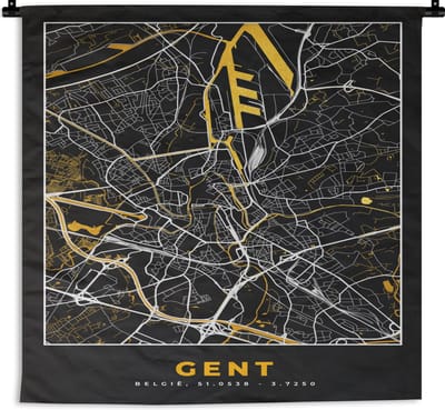 Wandkleed - Wanddoek - Gent - Stadskaart - Plattegrond - Goud - Kaart - 180x180 cm - Wandtapijt