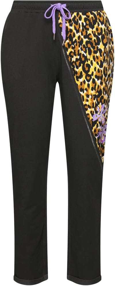 MIAMODA - Dames - Broek cold dyed luipaard-applicatie elastische tailleband - Antraciet - Maat 44
