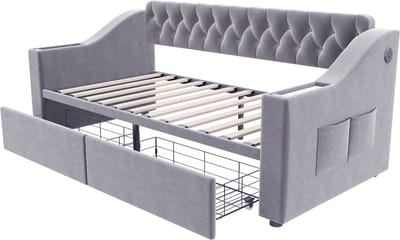 COVREO Slaapbank met USB-poort – 90x190 cm – Bedbank met opberglades – met lattenbodem en armvakken – Lichtgrijs - zonder matras