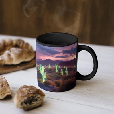 Magische Mok - Foto op Warmte Mokken - Koffiemok - Neon cactussen - Woestijn - Zonsondergang - Magic Mok - Beker - 350 ML - Theemok