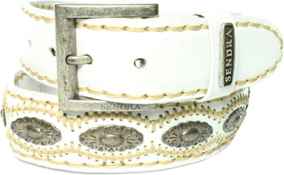 Sendra Boots Riem 7606 Wit Dames Heren Riem Handgemaakte Cowboy Western Ibiza Bohemian 4cm Brede Jeans Broekriem Zilverkleurige Concho's Verwisselbare Gesp Echt Leer Maat 090