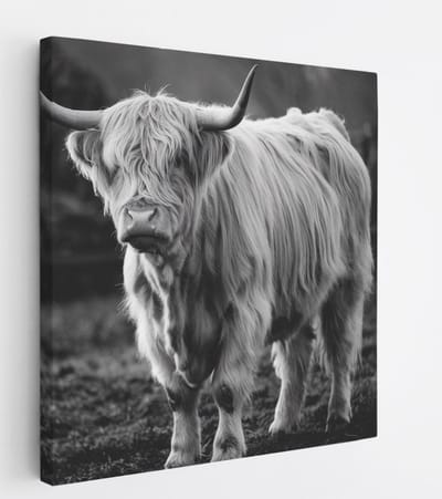 Saammp Canvas Schilderij - Schotse Hooglander Koe - Zwart-Wit - Dieren - Natuur - 20x20 - Foto op canvas - Wanddecoratie - muurdecoratie Woonkamer - Slaapkamer decoratie - Canvas Print