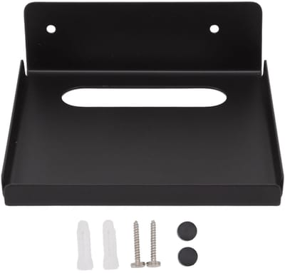 Zwarte compacte L-vorm projector wandplank afmetingen 11x12 cm, met kabeluitsparing en opstaande randen, compleet met schroeven en pluggen voor mini-projectoren en multimedia-apparaten