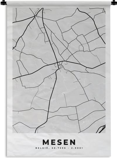 Wandkleed - Wanddoek - België – Mesen – Stadskaart – Kaart – Zwart Wit – Plattegrond - 120x180 cm - Wandtapijt