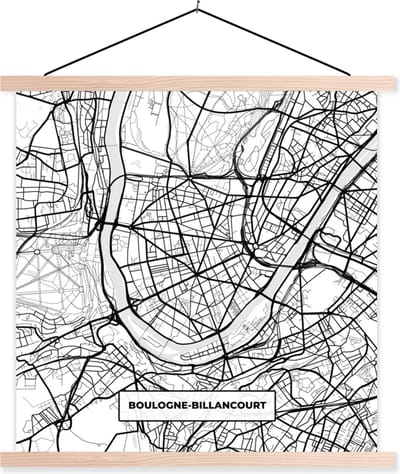 Posterhanger incl. Poster 40x40 cm - Schoolplaat - Frankrijk - Kaart - Plattegrond - Boulogne-Billancourt - Stadskaart - Zwart wit - Textielposter - Blanke latten - Stadskaart