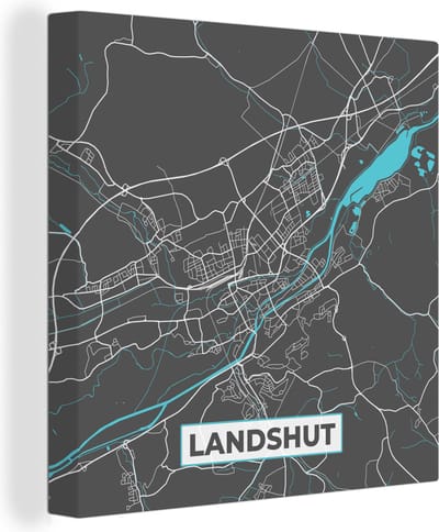 Canvas Schilderij Kaart – Plattegrond – Stadskaart – Landshut – Duitsland – Blauw - 20x20 cm - Wanddecoratie